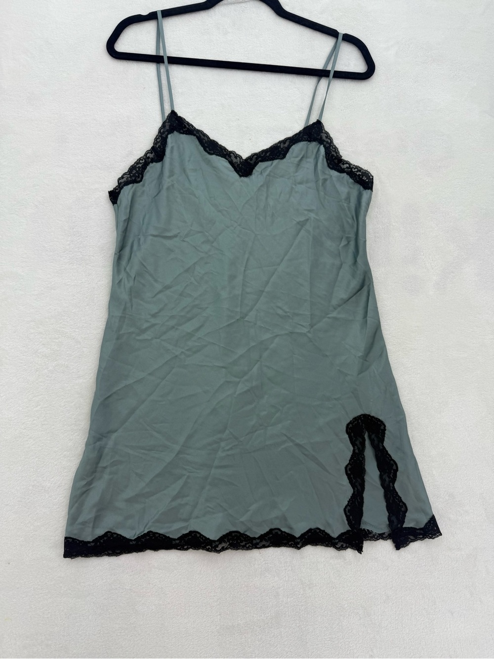 Victoria's Secret faux Satin Lace-Trim Mini Slip Dress size large Gray/Green